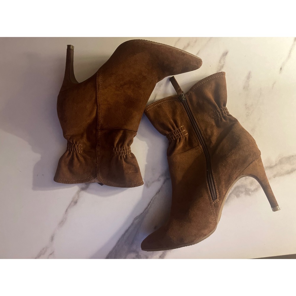 Womens Brown Suede Pointed Toe Ankle Boots Stiletto Heel Side Zip Ruched Booties